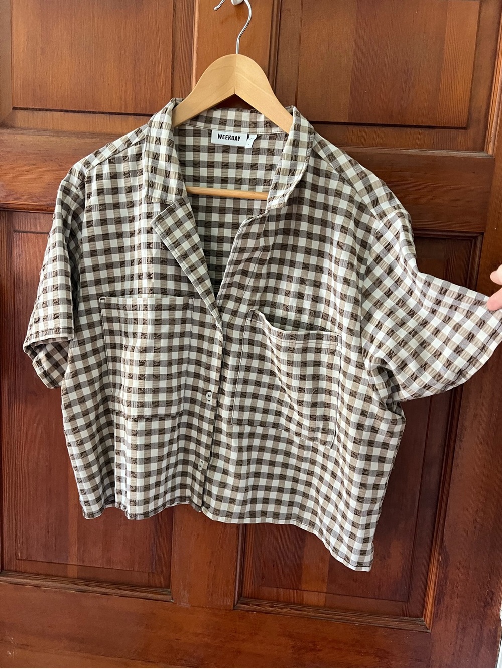 Weekday Wilma Check Shirt | Brown Gingham Boxy Cropped Button-Up | Size L